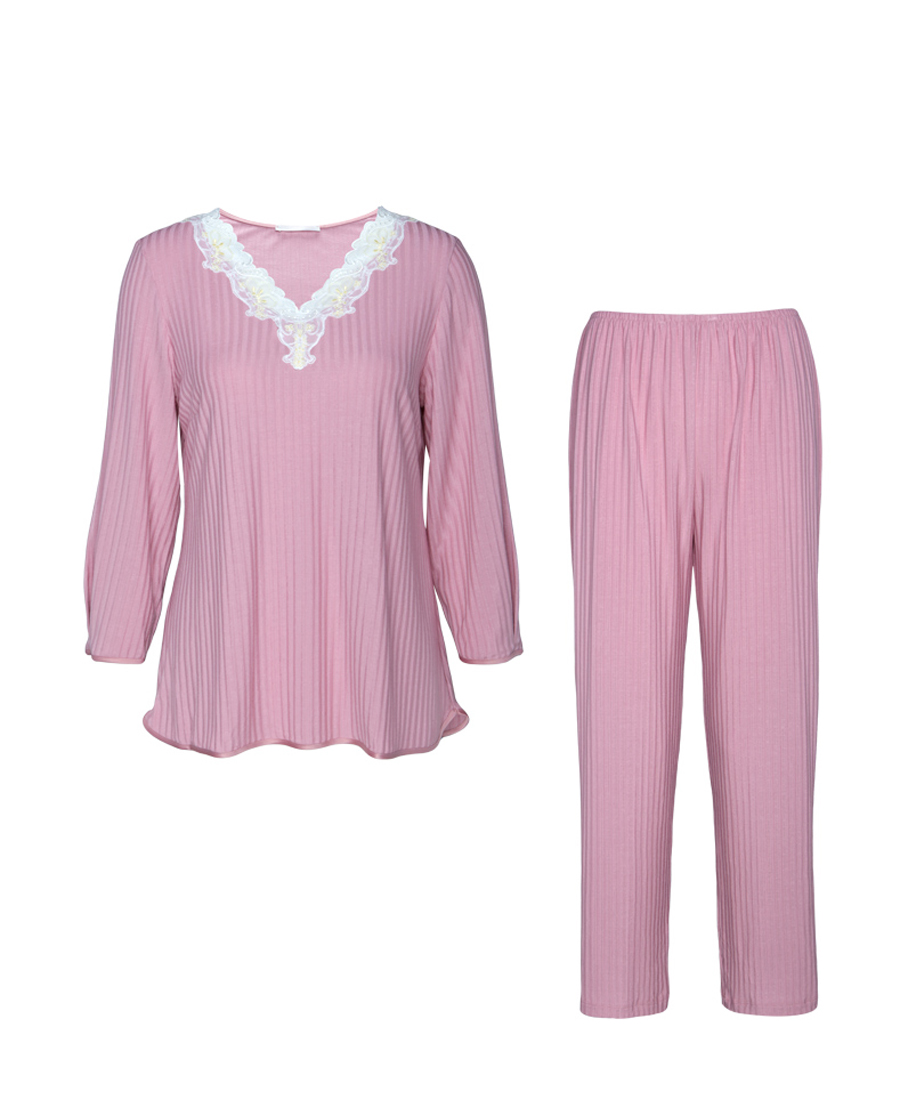 爱慕内衣舒享花园莫代尔v领长袖分身女士睡衣家居服两件套装薄款 am