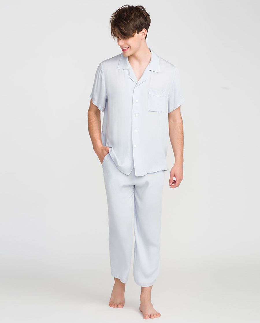 imis睡衣|爱美丽家居简爱男式翻领开衫短袖上衣长裤套